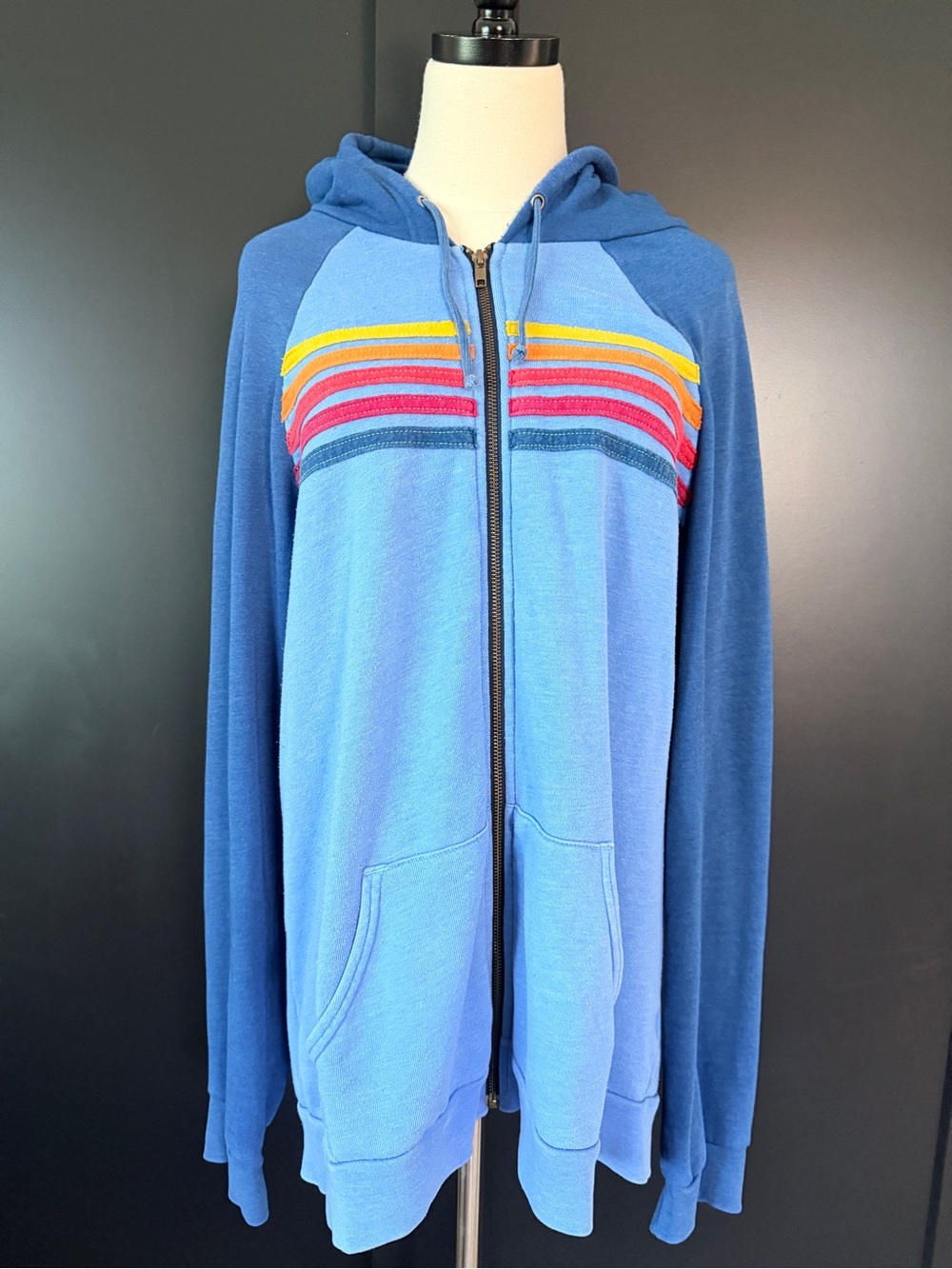 Aviator Nation Rainbow 5 Stripe Blue Colorblock Sleeved Hoodie - Size XXL